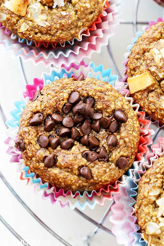 Overhead image of blender muffins topped with chocolate chips.