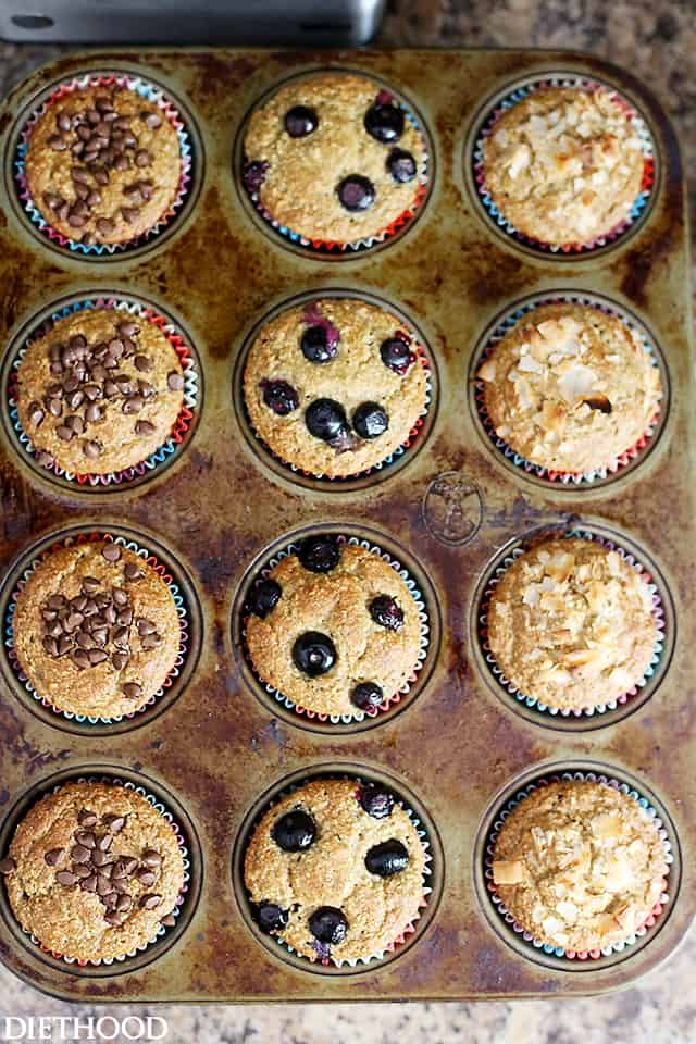 Overhead image of a muffin pan with baked muffins in it.