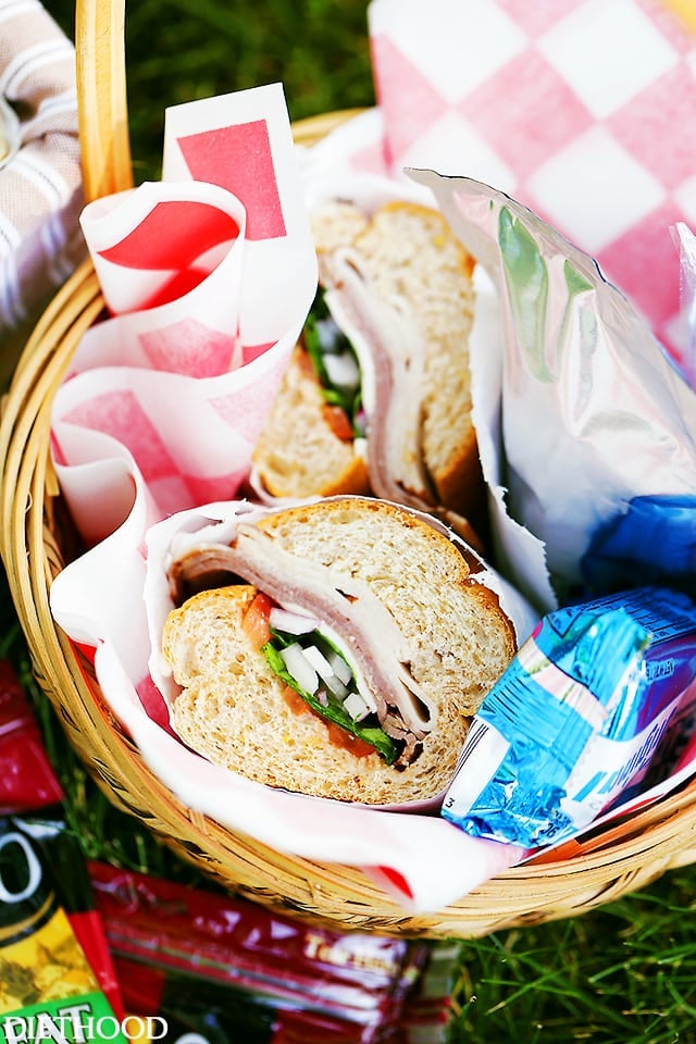 Overhead image of a picnic sandwich in a picnic basket.