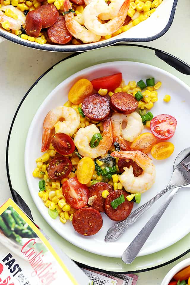 Shrimp, Chorizo and Corn Salad - Start your summer right with this amazing salad chock full of shrimp, tomatoes, corn and chorizo sausage.