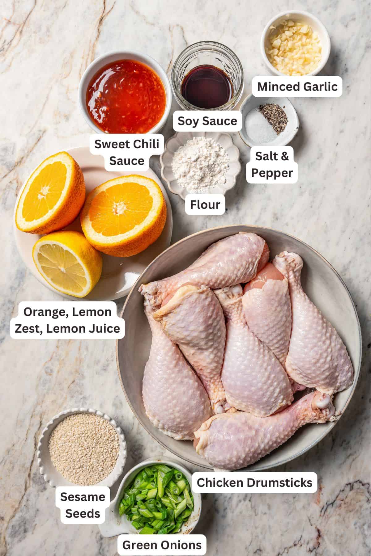 Crock pot chicken drumsticks ingredients with text labels overlaying each ingredient.