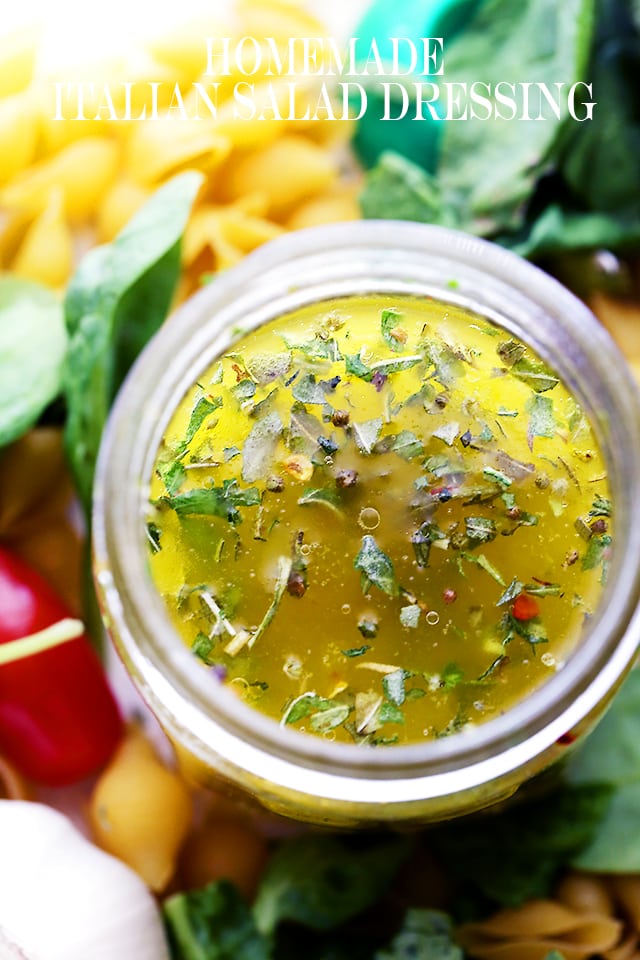 Overhead image of Italian Salad Dressing in a jar.