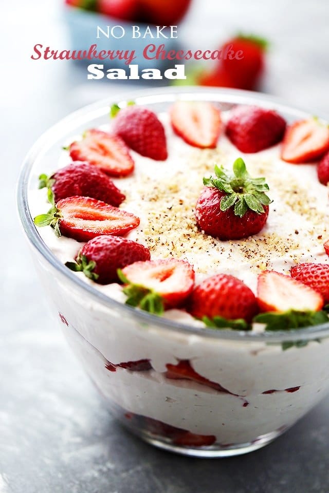 No-Bake Strawberry Cheesecake Salad in a clear large salad bowl