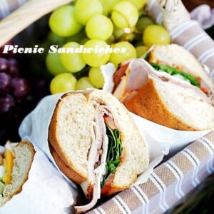 Labeled image of a picnic sandwich in a picnic basket with grapes.