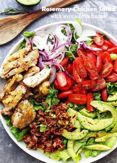 Rosemary Chicken Salad with Avocado and Bacon - A vibrant, fresh, and incredibly delicious chicken salad packed with avocado, bacon, tomatoes and onions, all drizzled with a homemade Rosemary Vinaigrette.