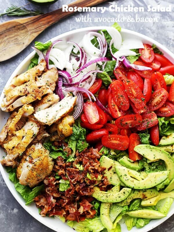 Rosemary Chicken Salad with Avocado and Bacon - A vibrant, fresh, and incredibly delicious chicken salad packed with avocado, bacon, tomatoes and onions, all drizzled with a homemade Rosemary Vinaigrette.