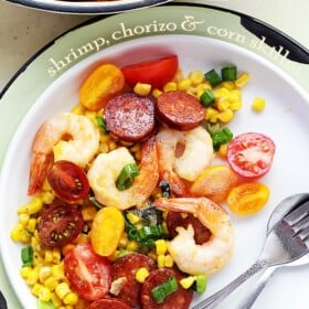 Shrimp, Chorizo and Corn Skillet - Easy one skillet meal packed with shrimp, tomatoes, corn and chorizo sausage.