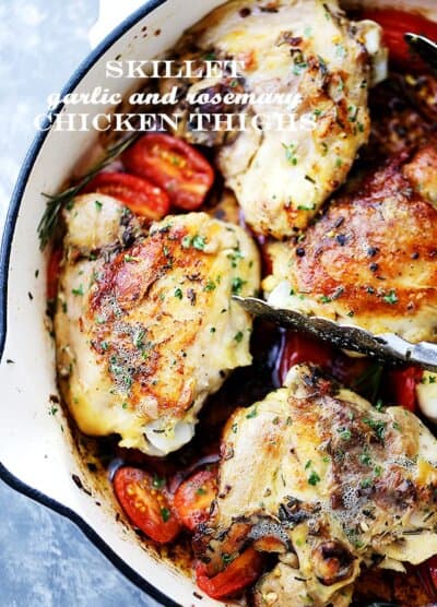Skillet Garlic and Rosemary Chicken Thighs - Easy and quick one-pot meal with delicious and garlicky chicken thighs that are ready in under 30 minutes, making it a perfect dinner for a busy weeknight.