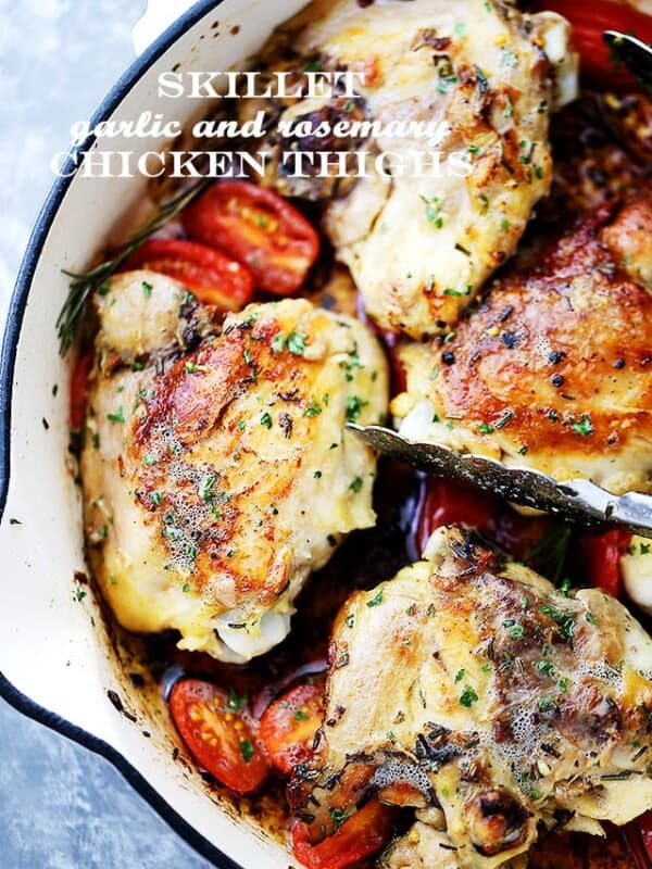 Skillet Garlic and Rosemary Chicken Thighs - Easy and quick one-pot meal with delicious and garlicky chicken thighs that are ready in under 30 minutes, making it a perfect dinner for a busy weeknight.