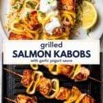 Long photo collage of salmon kabobs recipe with text overlay.