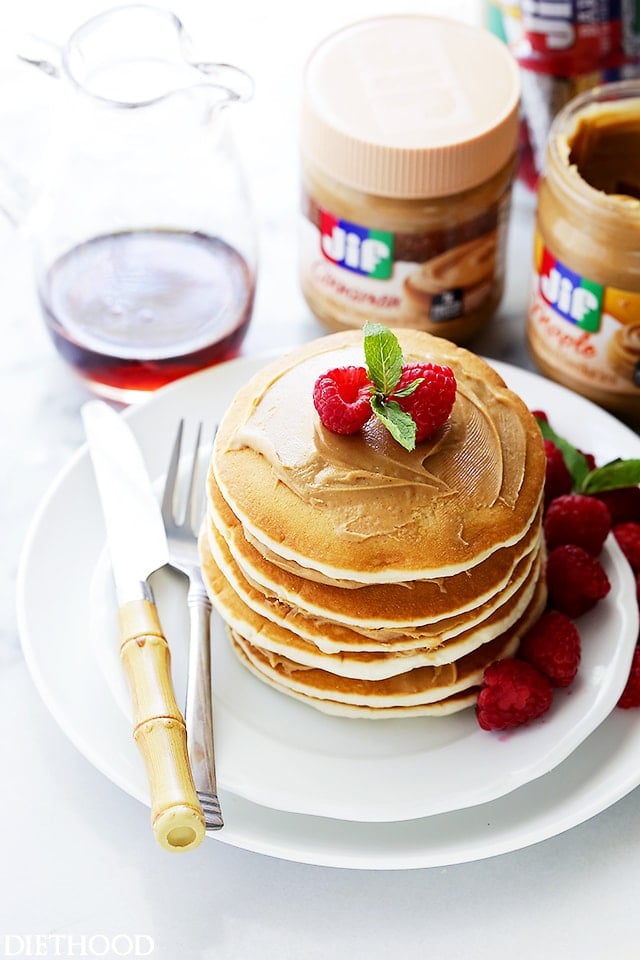 Maple Peanut Butter Pancakes - A quick and simple breakfast with Maple Peanut Butter Spread smeared over sweet and delicious pancakes.