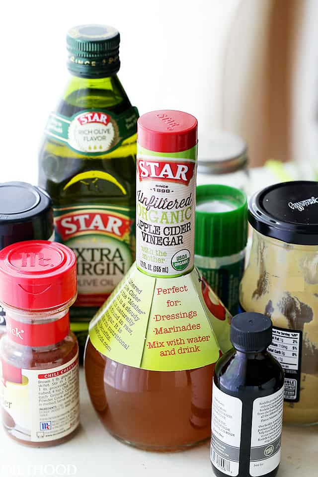 Picture of ingredients to make an apple cider vinaigrette.