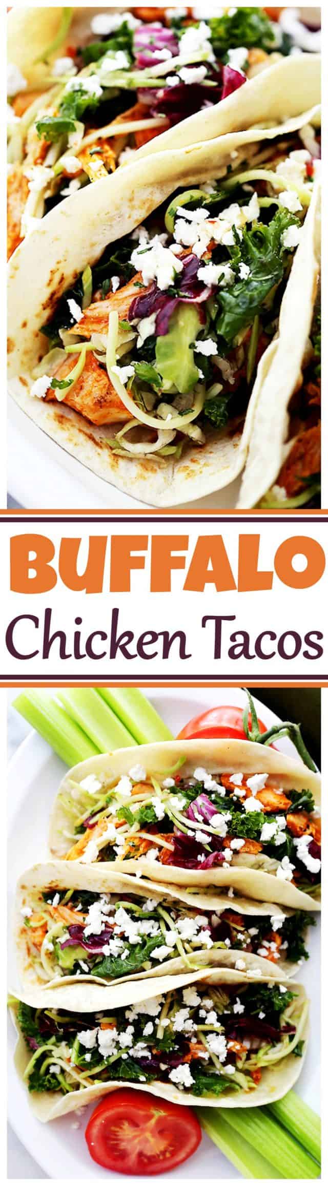 Shredded Buffalo Chicken Tacos - Stuffed with the most incredible and spicy chicken, and loaded with a delicious broccoli slaw and feta cheese, this recipe is a must-have for busy weeknights!