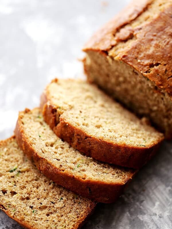 Overhead shot of sliced apple zucchini bread.