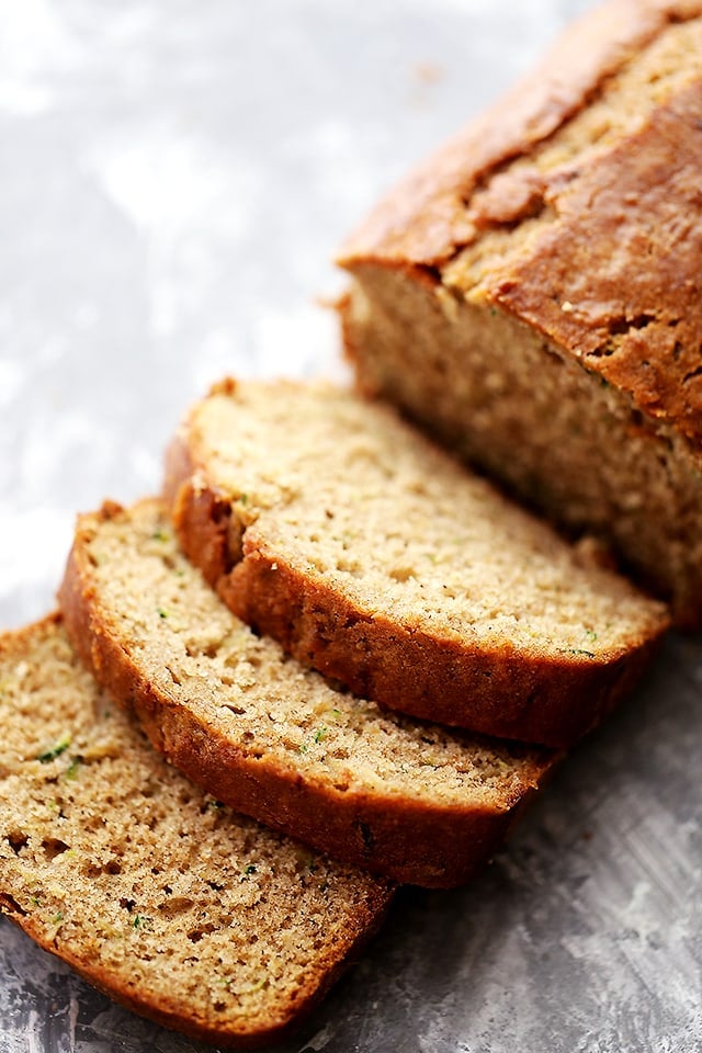 Overhead shot of sliced apple zucchini bread.