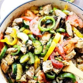 Chicken Ratatouille Recipe - A quick and delicious 30-minute, one-skillet meal packed with fresh garden vegetables, herbs, and chicken.