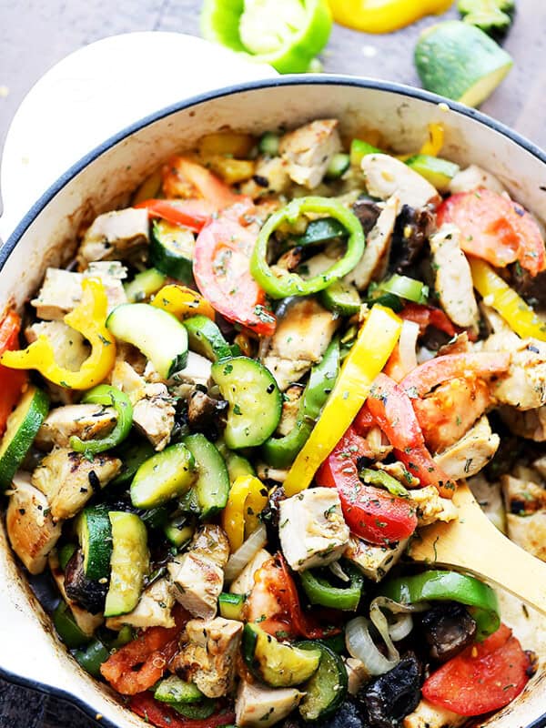 Chicken Ratatouille Recipe - A quick and delicious 30-minute, one-skillet meal packed with fresh garden vegetables, herbs, and chicken.
