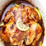 Crock Pot Honey Lemon Chicken Recipe - Rubbed with lemon-pepper butter and a sweet honey sauce, this is the easiest, most delicious whole chicken prepared in the crock pot!