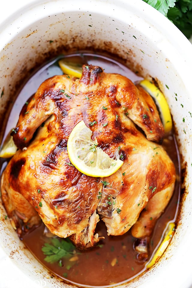 Crock Pot Honey Lemon Chicken Recipe - Rubbed with lemon-pepper butter and a sweet honey sauce, this is the easiest, most delicious whole chicken prepared in the crock pot!
