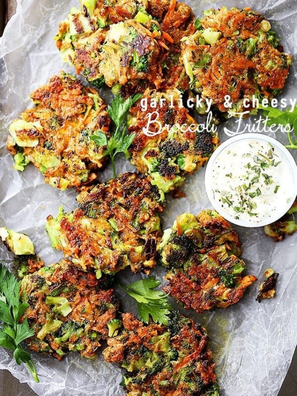 Overhead image of broccoli fritters with yogurt.