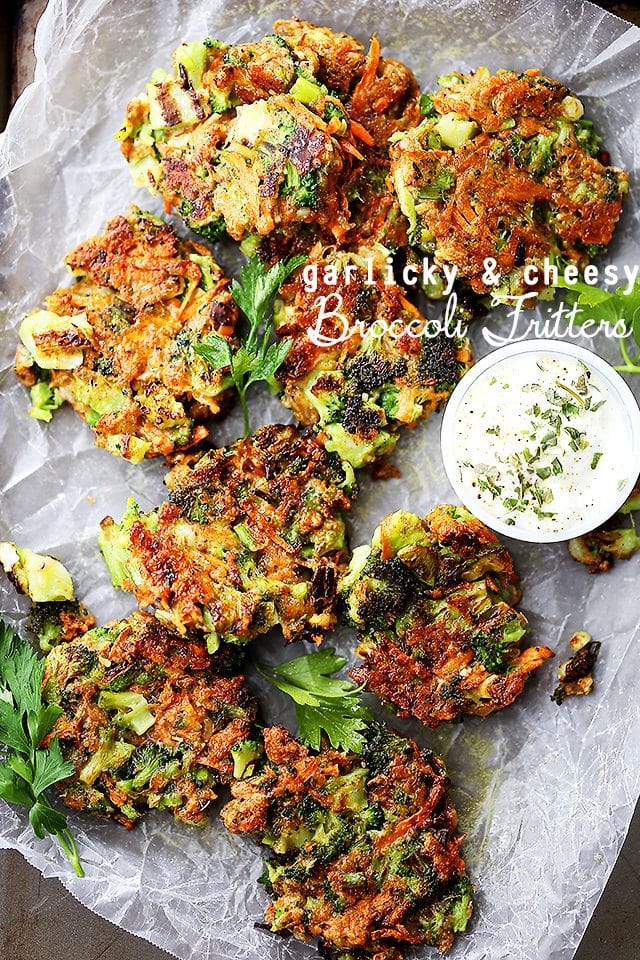 Overhead image of broccoli fritters with yogurt.