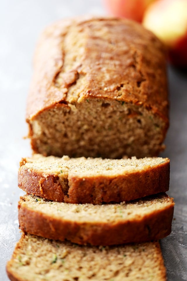 Overhead shot of apple zucchini bread, sliced.