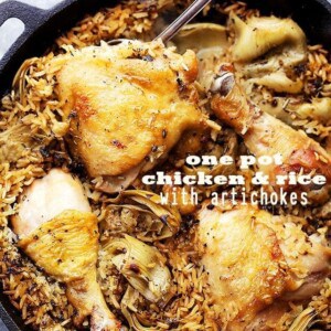 One Pot Chicken and Rice with Artichokes - Classic, delicious comfort food with chicken and rice made in just one pot! It's quick and easy, and the artichokes add so much flavor!