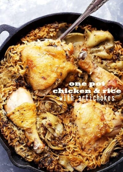 One Pot Chicken and Rice with Artichokes - Classic, delicious comfort food with chicken and rice made in just one pot! It's quick and easy, and the artichokes add so much flavor!