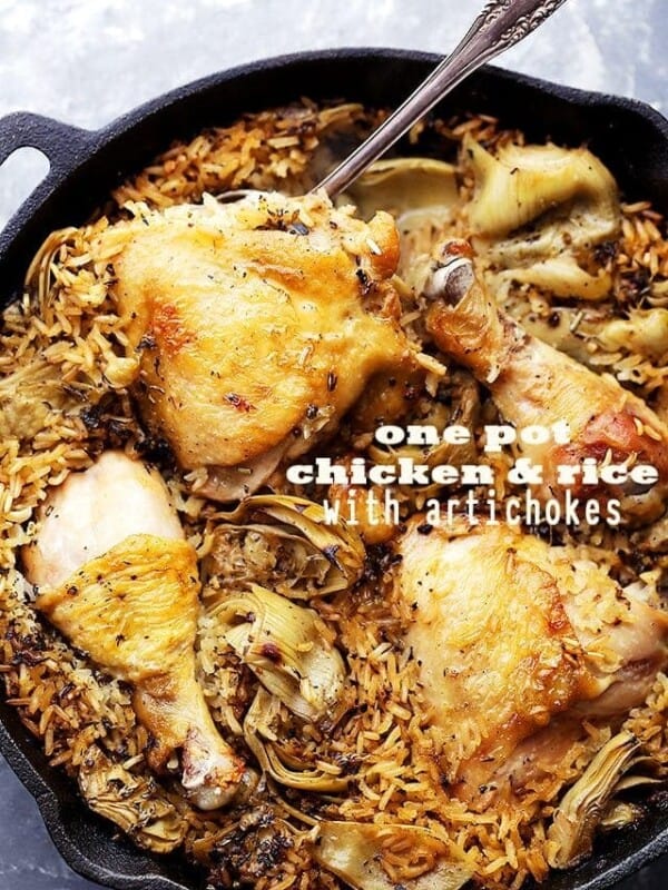 One Pot Chicken and Rice with Artichokes - Classic, delicious comfort food with chicken and rice made in just one pot! It's quick and easy, and the artichokes add so much flavor!