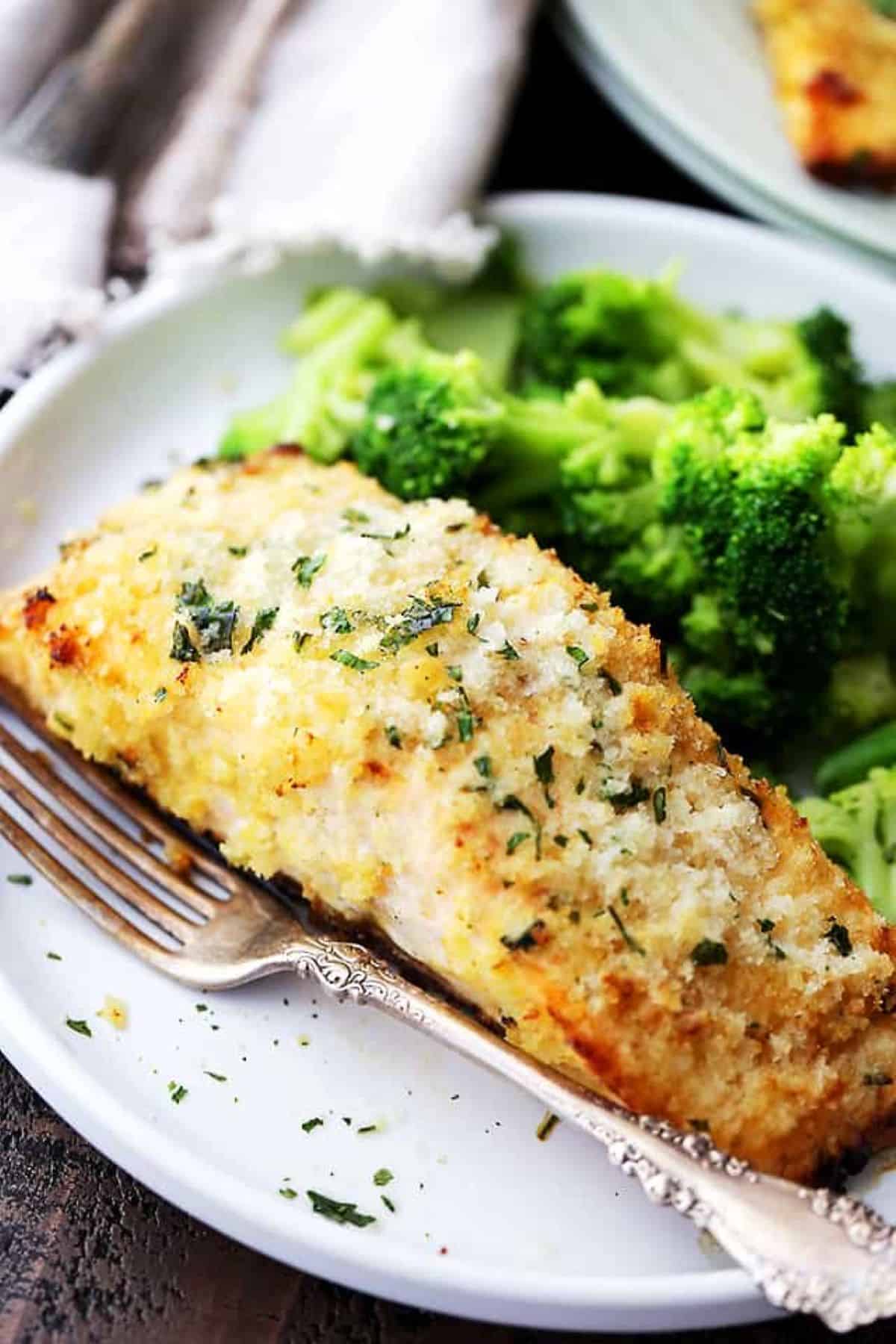 Oven baked salmon with honey mustard and Panko topping.