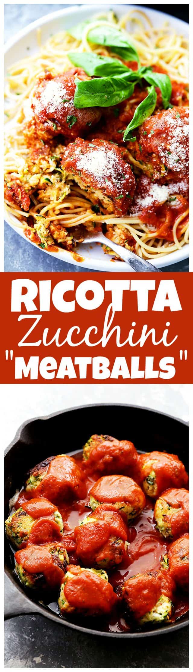 Ricotta Zucchini "Meatballs" - Delicious, melt-in-your-mouth-amazing zucchini meatballs with ricotta and parmesan cheese, topped with a warm and bubbly tomato sauce!