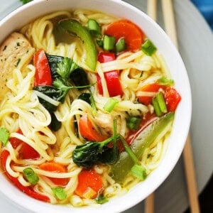 Asian Chicken Noodle Soup - A flavorful and delicious twist on the classic Chicken Noodle Soup featuring ginger, teriyaki sauce, egg noodles, and colorful vegetables, and it's ready in about 30 minutes!