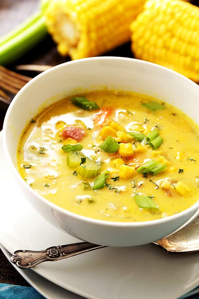 Shrimp and Corn Chowder served in a soup bowl.