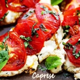 Caprese Skillet Chicken Recipe - Pan-seared chicken topped with melting mozzarella cheese, fresh tomatoes, a sprinkle of basil, and a drizzle of balsamic vinegar. Quick, easy, and SO delicious!
