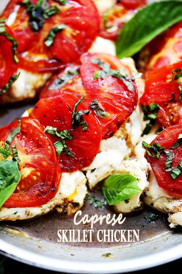 Chicken breasts topped with mozzarella, basil, and tomatoes