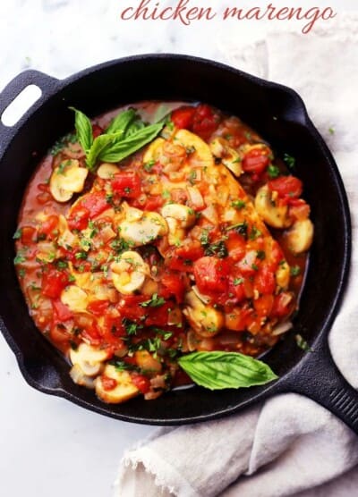Chicken Marengo - Saucy, a little spicy, and a whole lot delicious French-inspired chicken dish topped with tomatoes and mushrooms!