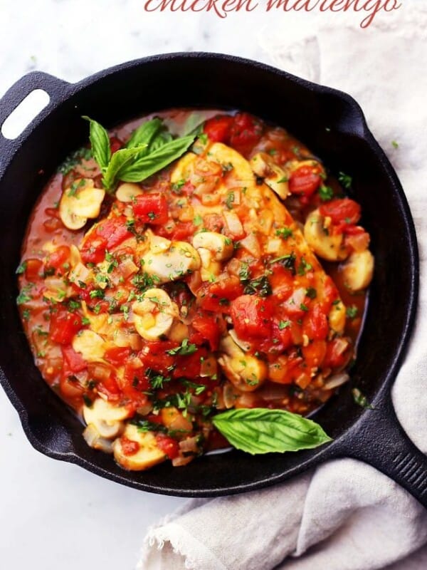 Chicken Marengo - Saucy, a little spicy, and a whole lot delicious French-inspired chicken dish topped with tomatoes and mushrooms!