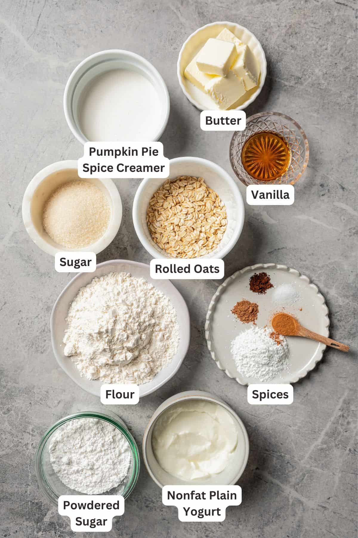 Ingredients for cinnamon scones with text labels overlaying each ingredient.