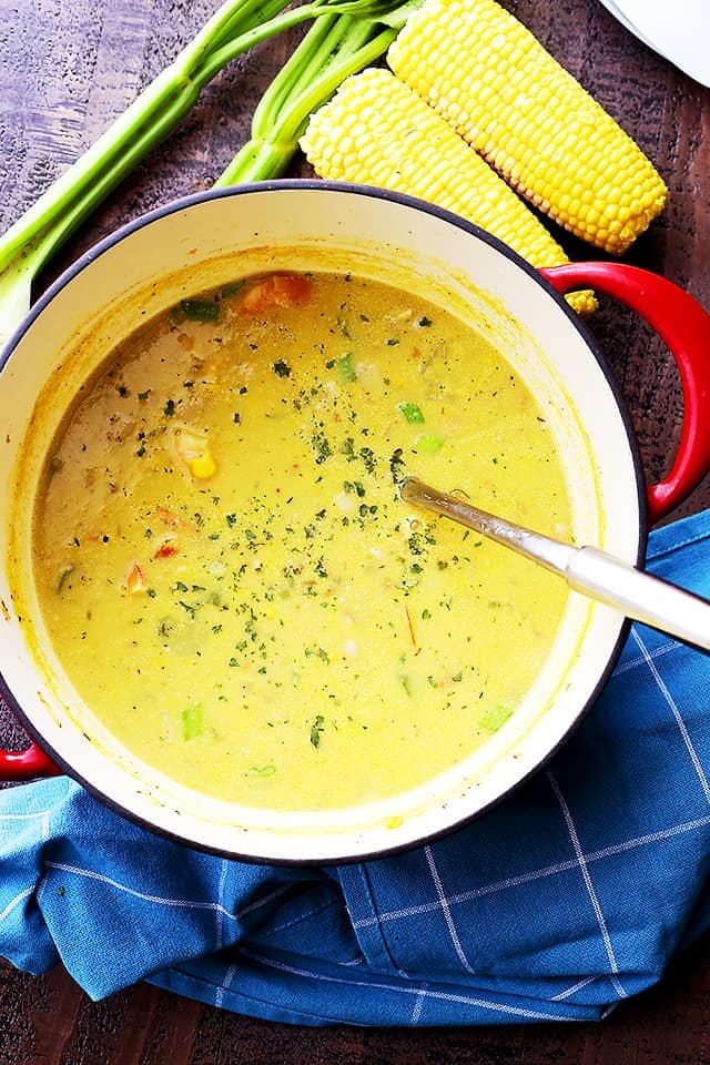 Overhead photo of a soup pot filled with chowder.