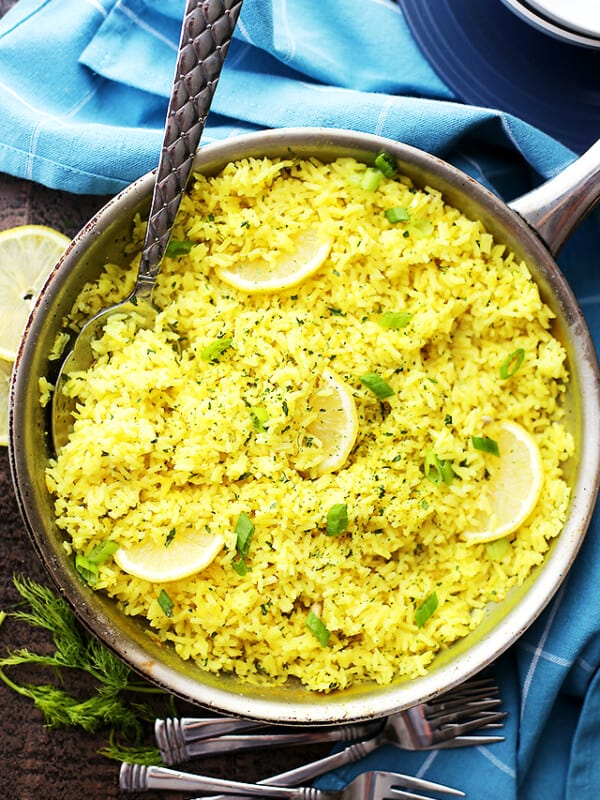 Wide shot of lemon rice in a skillet.