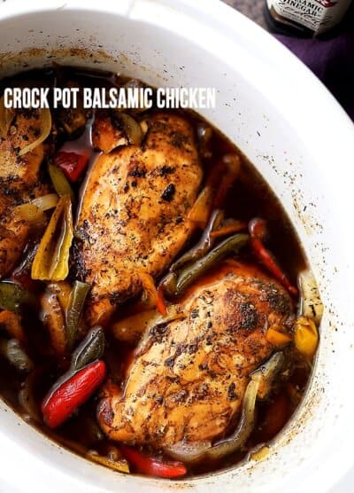 Crock Pot Balsamic Chicken - Light, easy, and perfect for weeknight dinners, or even game days, this flavorful chicken dish is cooked in the crock pot to a tender perfection with vegetables and balsamic vinegar.