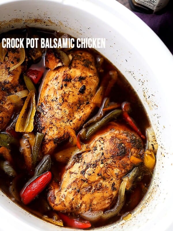 Crock Pot Balsamic Chicken - Light, easy, and perfect for weeknight dinners, or even game days, this flavorful chicken dish is cooked in the crock pot to a tender perfection with vegetables and balsamic vinegar.