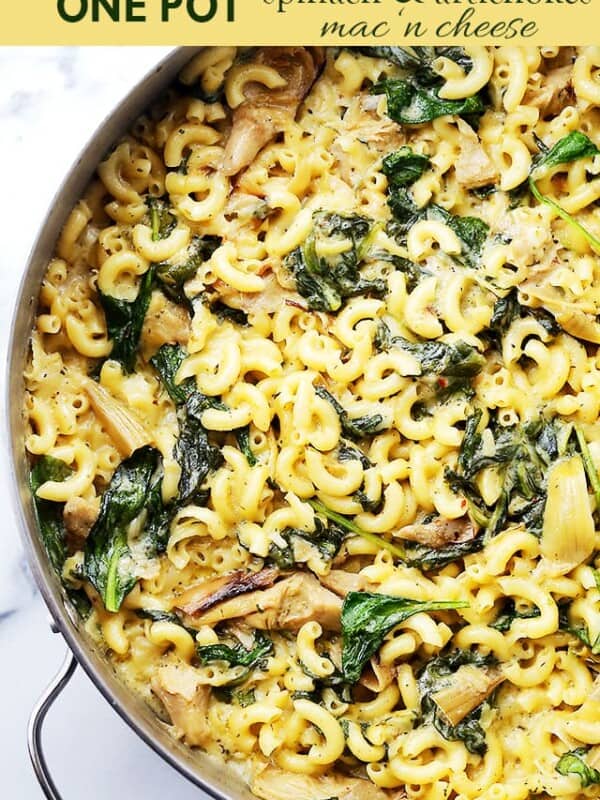 One Pot Spinach & Artichokes Macaroni and Cheese - Stove top one-pot Mac ‘n Cheese packed with spinach and artichokes, and a creamy cheese sauce. Dinner will be ready in under 30 minutes!