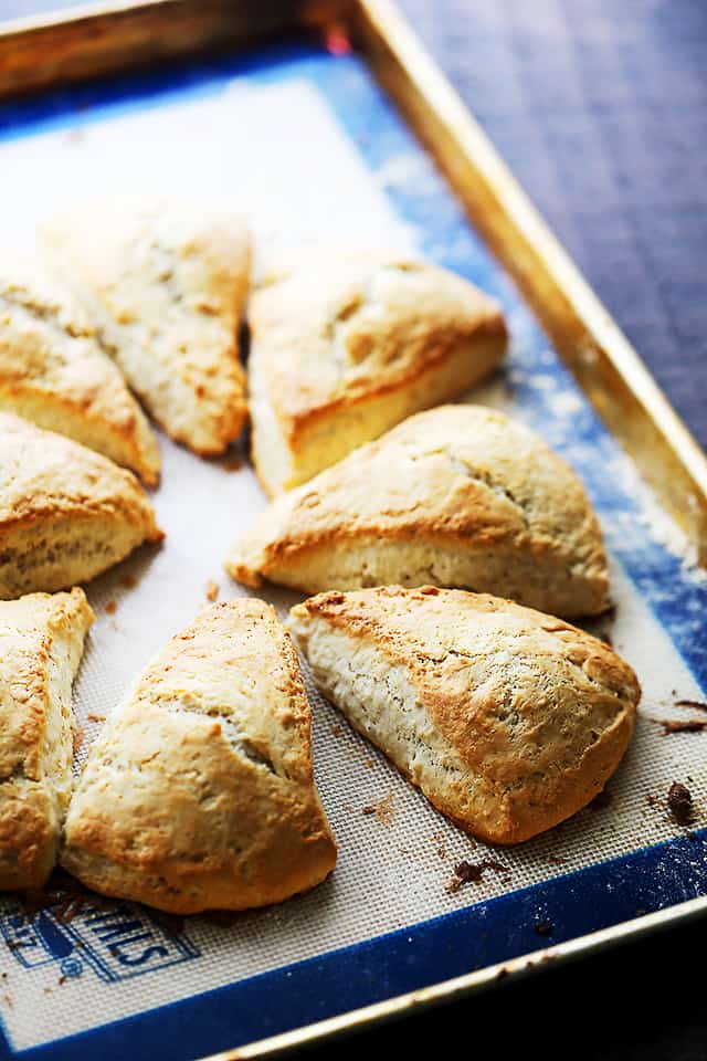 Freshly baked pumpkin spice scones arranged in a circle on a baking sheet.