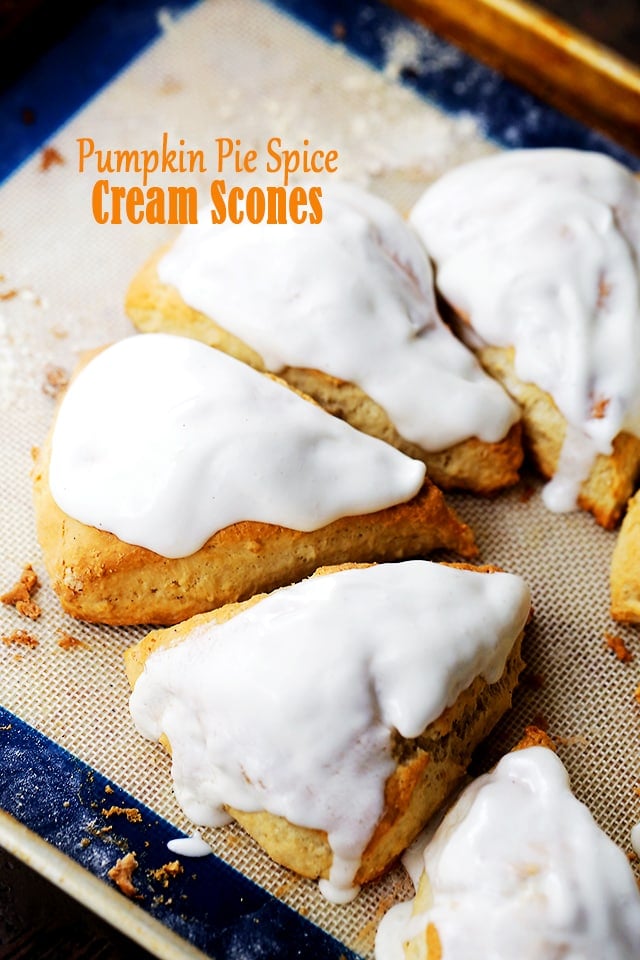 Pumpkin Pie Spice Cream Scones - Plump, rich, yet light and sweet scones flavored with pumpkin pie spice creamer and a simple spiced glaze.
