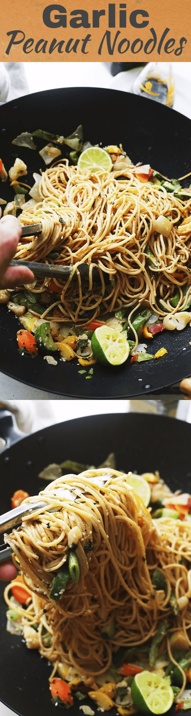 Garlic Peanut Noodles Recipe - Delicious noodles and stir fried vegetables are tossed in garlic olive oil and coated in a mixture of peanut butter, soy sauce, lime juice, hot sauce and ginger.