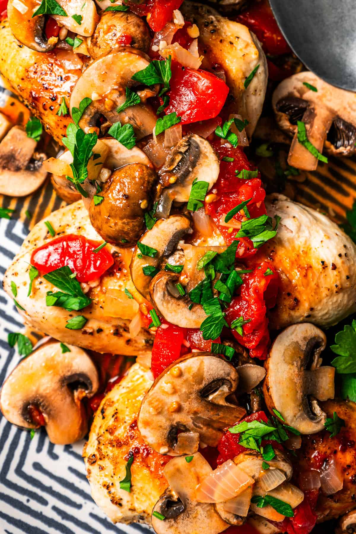 Close-up shot of chicken breasts topped with mushrooms, tomatoes, and fresh basil.