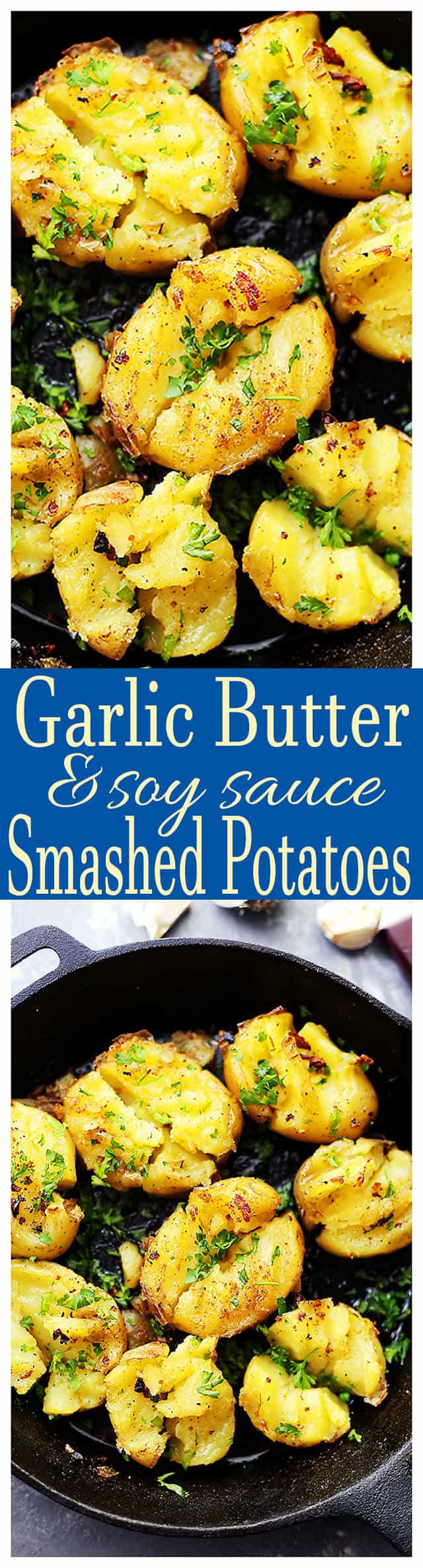 Garlic Butter and Soy Sauce Smashed Potatoes photo collage
