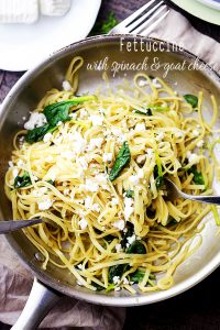 15-Minute Fettuccine with Spinach and Goat Cheese - Quick, flavorful and light pasta dinner with spinach and goat cheese that melts as it’s tossed with the warm and delicious pasta.