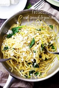 15-Minute Fettuccine with Spinach and Goat Cheese - Quick, flavorful and light pasta dinner with spinach and goat cheese that melts as it’s tossed with the warm and delicious pasta.